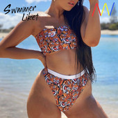 Costum de baie de damă cu top cu panglică și fund cu talie înaltă