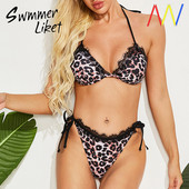 Costum de baie dama cu imprimeu leopard si dantela