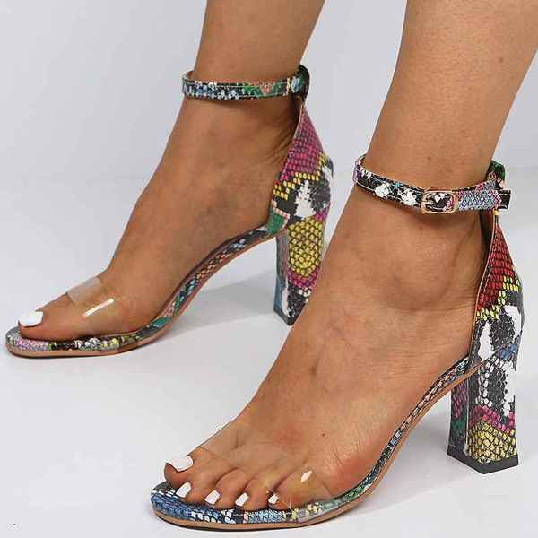 Sandale elegante de damă cu toc înalt cu model animal și cataramă