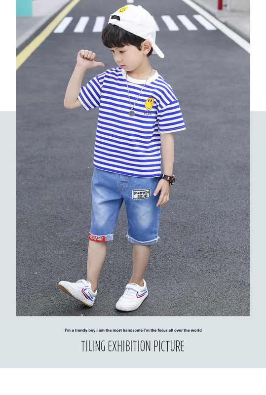 Új modell gyerekszett fiúknak kétrészes csíkos blúz + farmer