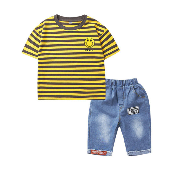 Új modell gyerekszett fiúknak kétrészes csíkos blúz + farmer
