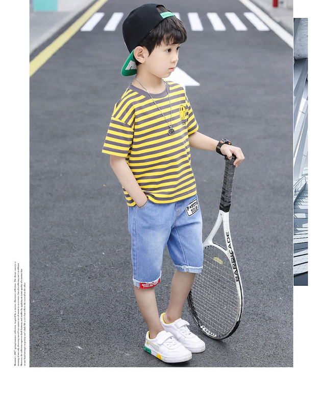 Új modell gyerekszett fiúknak kétrészes csíkos blúz + farmer