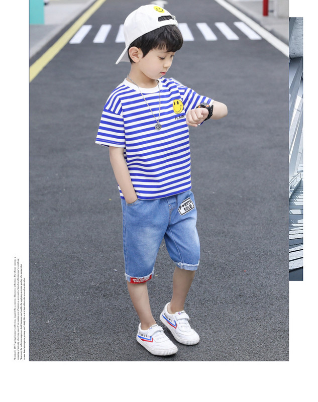 Új modell gyerekszett fiúknak kétrészes csíkos blúz + farmer