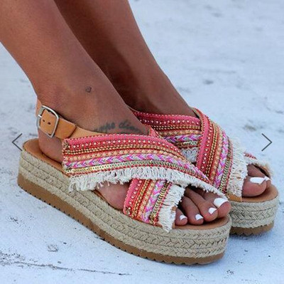 Sandale casual dama cu franjuri si bretele din material textil