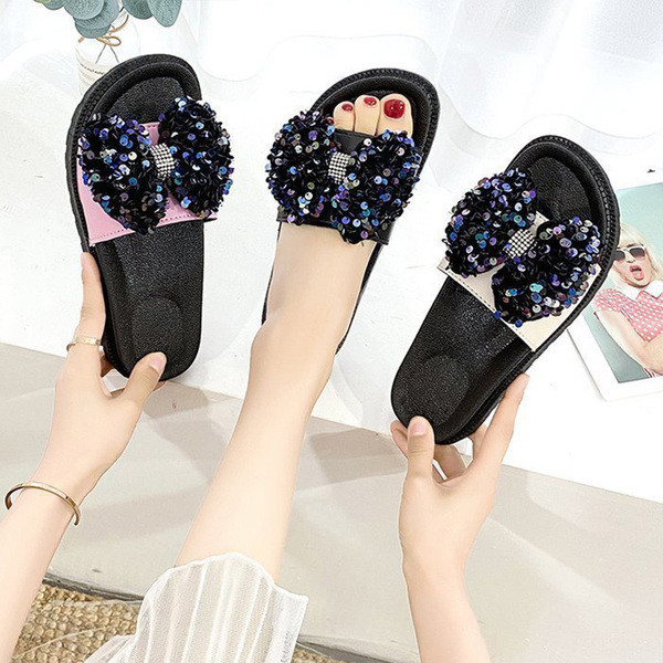 Papuci eleganti de dama cu paiete si panglica