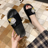 Papuci casual de damă, în negru, cu element de flori 3D