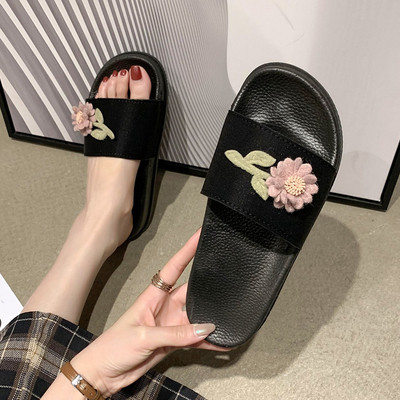 Papuci casual de damă, în negru, cu element de flori 3D