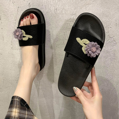 Papuci casual de damă, în negru, cu element de flori 3D