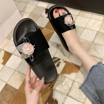 Papuci casual de damă, în negru, cu element de flori 3D