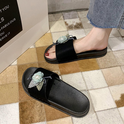 Papuci casual de damă, în negru, cu element de flori 3D