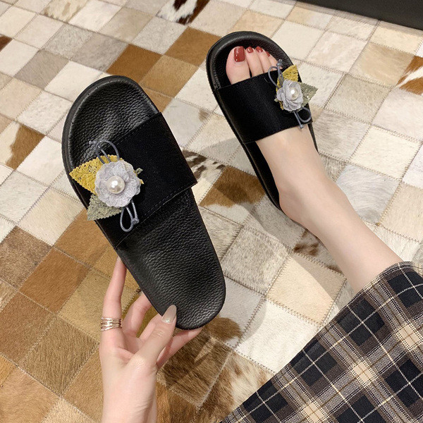 Papuci casual de damă, în negru, cu element de flori 3D