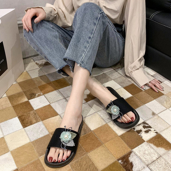 Papuci casual de damă, în negru, cu element de flori 3D