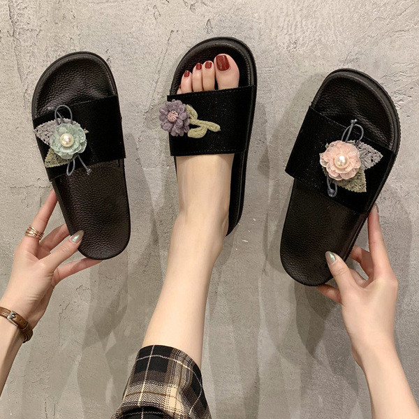 Papuci casual de damă, în negru, cu element de flori 3D