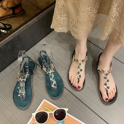 Модерни дамски сандали  с камъни и равна подметка