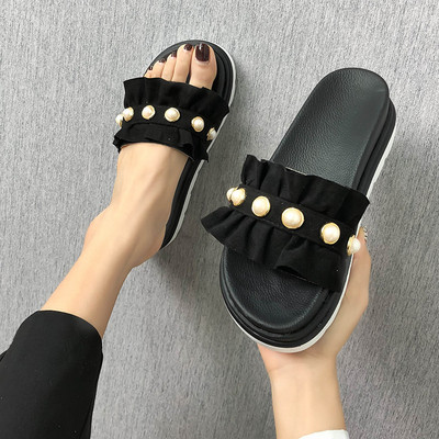 Papuci casual dama din piele intoarsa ecologica cu perle