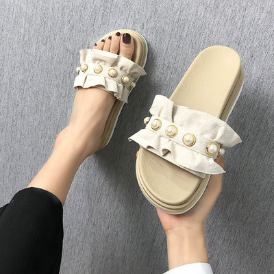 Papuci casual dama din piele intoarsa ecologica cu perle