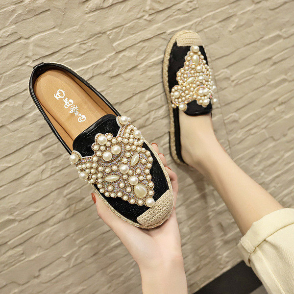 Pantofi dama cu piele ecologica si perle - talpa plata