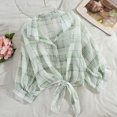 Naiste vabaaja ruuduline särk nööpide ja laiade varrukatega