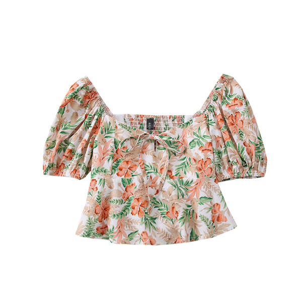 Bluza de dama model nou cu decolteu oval, cravate si model floral