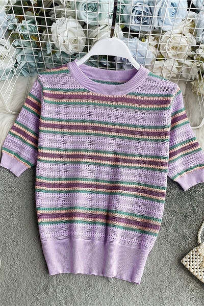 Casual ριγέ πλεκτή μπλούζα με κοντά μανίκια 