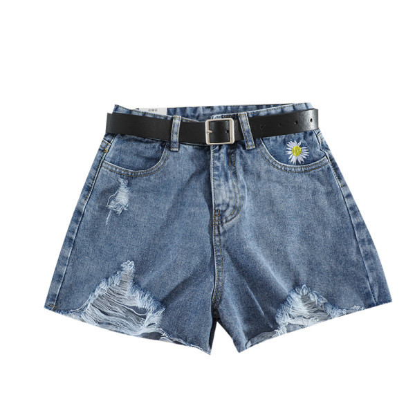 Къси дънкови панталони с висока талия, скъсани мотиви и бродерия