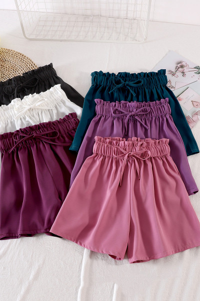 Къси дамски ежедневни панталони с висока талия и връзки 