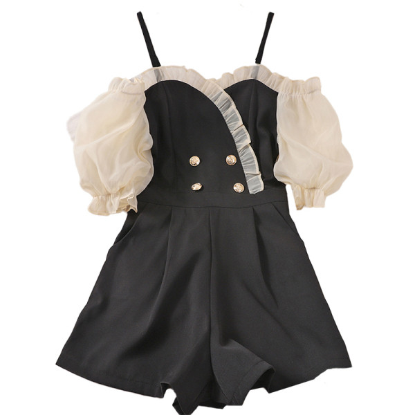 Стилен черен дамски гащеризон с паднали ръкави и копчета