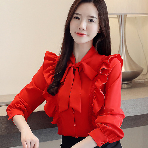 Актуална дамска риза с къдри и дълъг ръкав