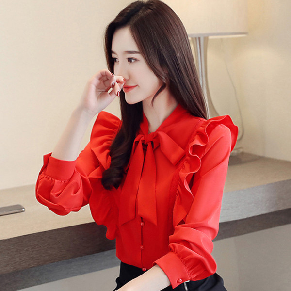 Актуална дамска риза с къдри и дълъг ръкав