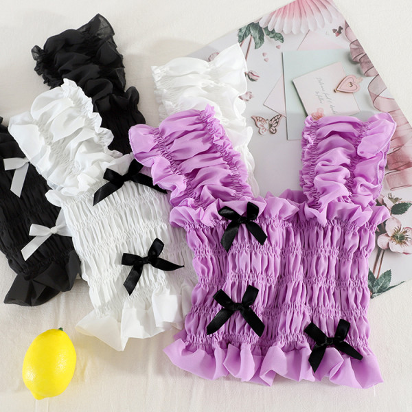 Модерен дамски потник с широки презрамки и панделки 