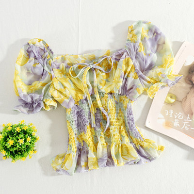 Moteriški šifoniniai marškiniai su kvadratine iškirpte ir kaklaraiščiais