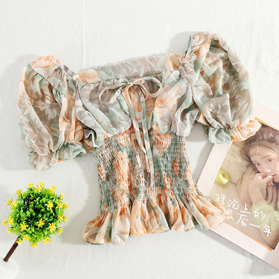 Moteriški šifoniniai marškiniai su kvadratine iškirpte ir kaklaraiščiais