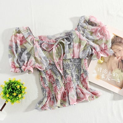 Moteriški šifoniniai marškiniai su kvadratine iškirpte ir kaklaraiščiais