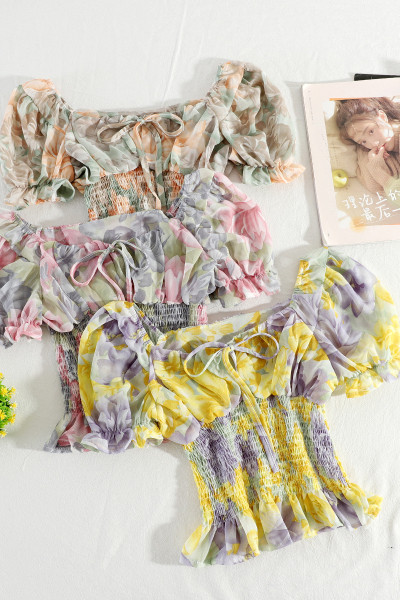 Moteriški šifoniniai marškiniai su kvadratine iškirpte ir kaklaraiščiais