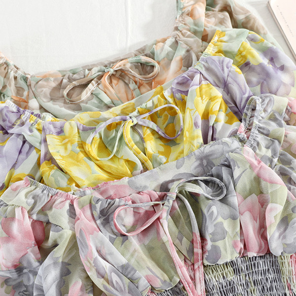 Moteriški šifoniniai marškiniai su kvadratine iškirpte ir kaklaraiščiais