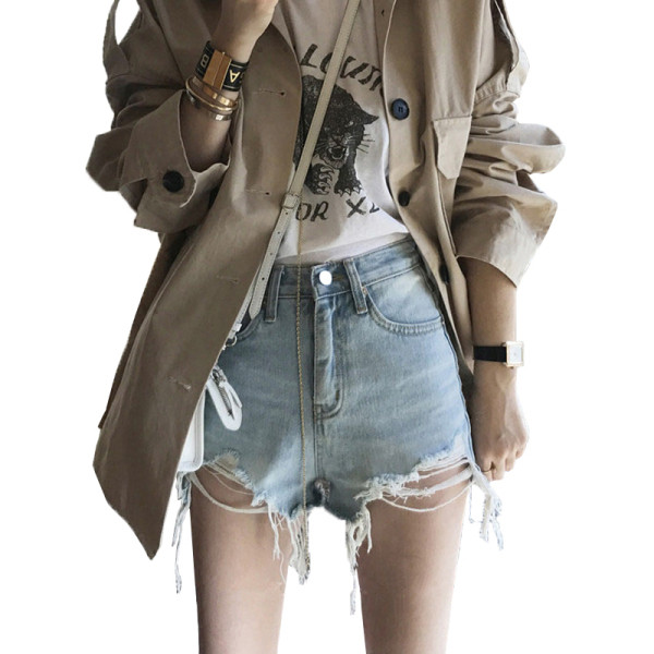 Дамски къси дънки с разкъсани мотиви и висока талия 