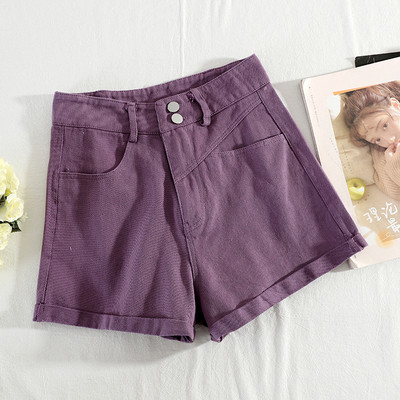 Moteriški trumpi džinsai aukštu juosmeniu ir sagomis