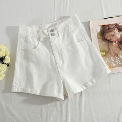 Moteriški trumpi džinsai aukštu juosmeniu ir sagomis