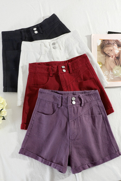 Къси дамски дънкови панталони с висока талия и копчета 