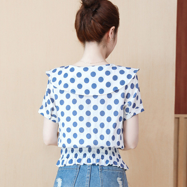 Модерна дамска риза на точки с къс ръкав и шпиц деколте