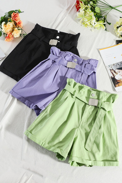 Модерни дамски къси панталони с висока талия и колан - широк модел 