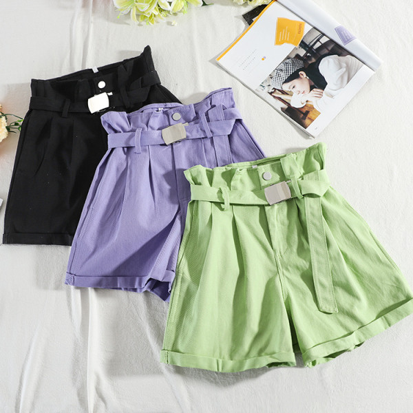 Модерни дамски къси панталони с висока талия и колан - широк модел 