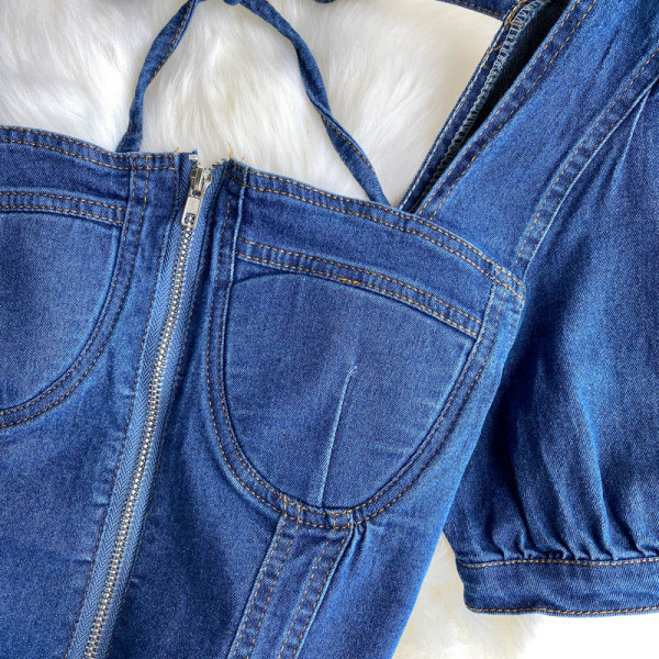 Ženska traper bluza s kratkim rukavima, patentnim zatvaračem i vezicama