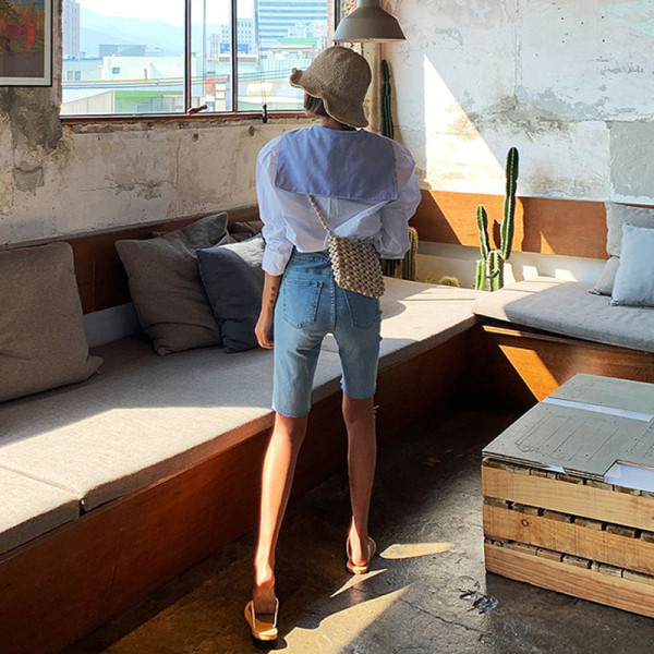 Дамски летни къси дънки с висока талия и дължина над коляното 