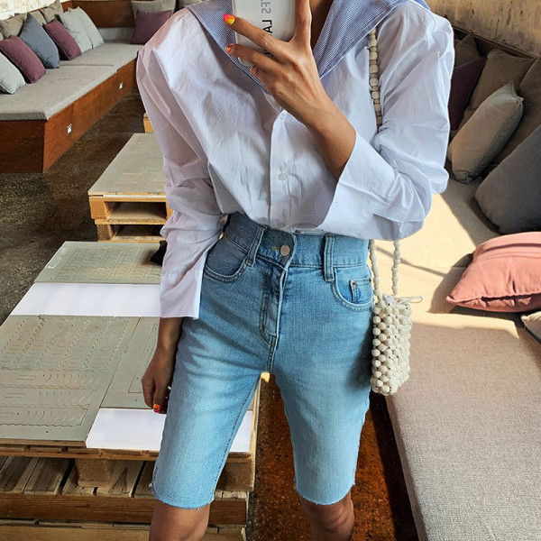 Дамски летни къси дънки с висока талия и дължина над коляното 