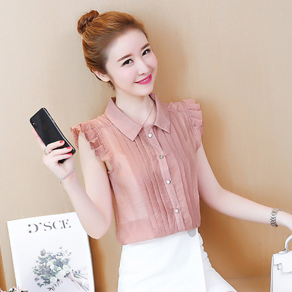 Дамска риза от шифон с копчета и класическа яка