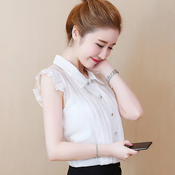 Дамска риза от шифон с копчета и класическа яка