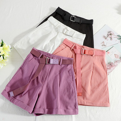 Цветни дамски къси панталони с висока талия и колан 