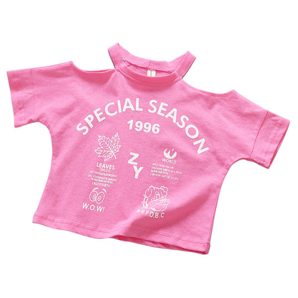 Модерна детска тениска с голи рамене и надписи