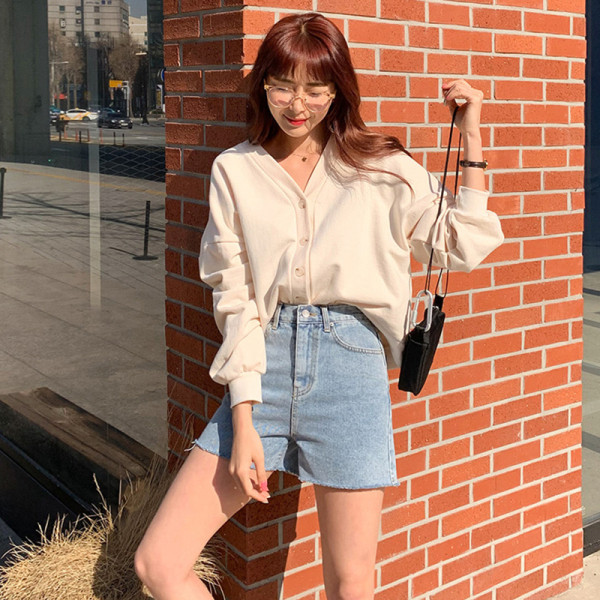 Ретро модел дамски къси дънки с висока талия 